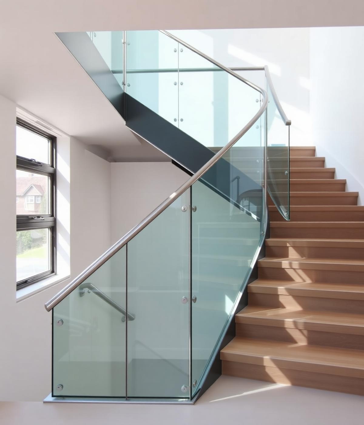 Modern staircase with frameless glass balustrade and stainless steel handrail